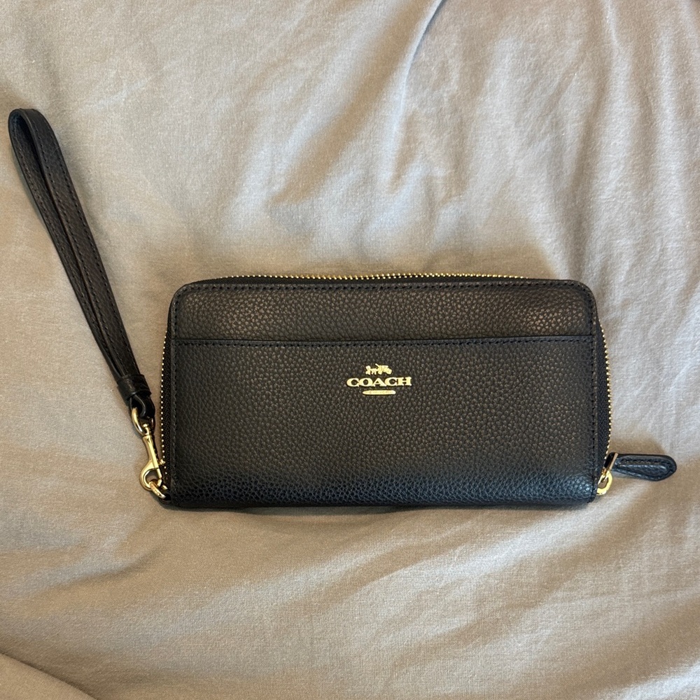 Coach Black Leather Wristlet with Gold Hardware